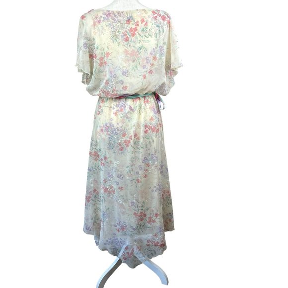 Jeri Modes Vintage 70s Sheer Chiffon Floral Midi Dress Womens M‎ Pink Tie Waist - Picture 2 of 12